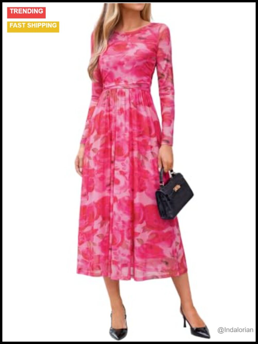 Women's Floral Mesh Maxi Dress Long Sleeve Boat Neck A-Line Wedding Guest